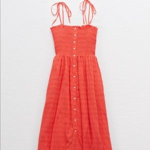 Aerie Smocked Button Down Dress (coral/red) with pockets and adjustable straps